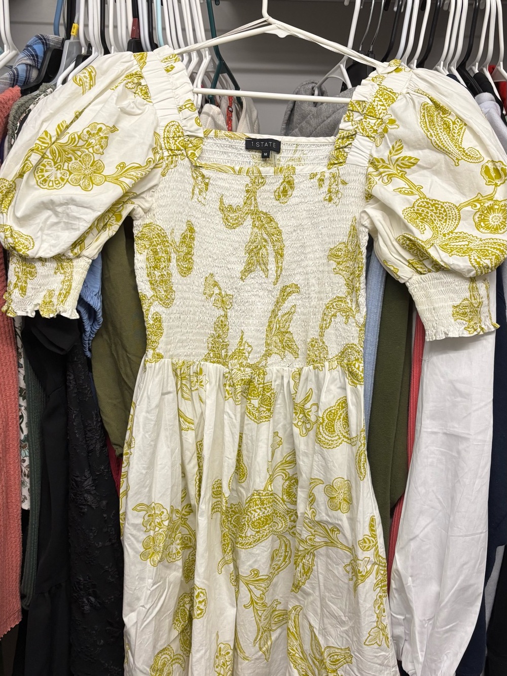 1 state White and Yellow Paisley Puff-Sleeve Midi Dress